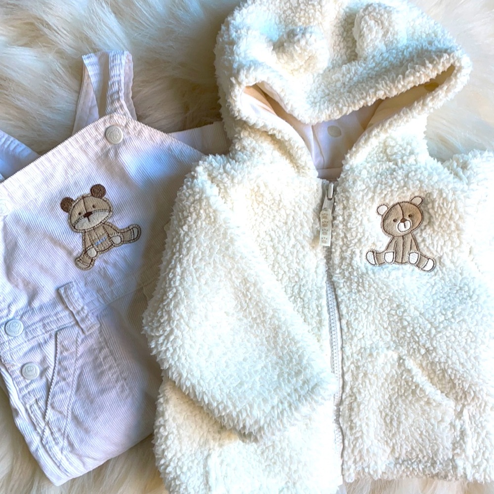 Carter 3 month white and ivory corduroy overalls and fuzzy teddy bear jacket